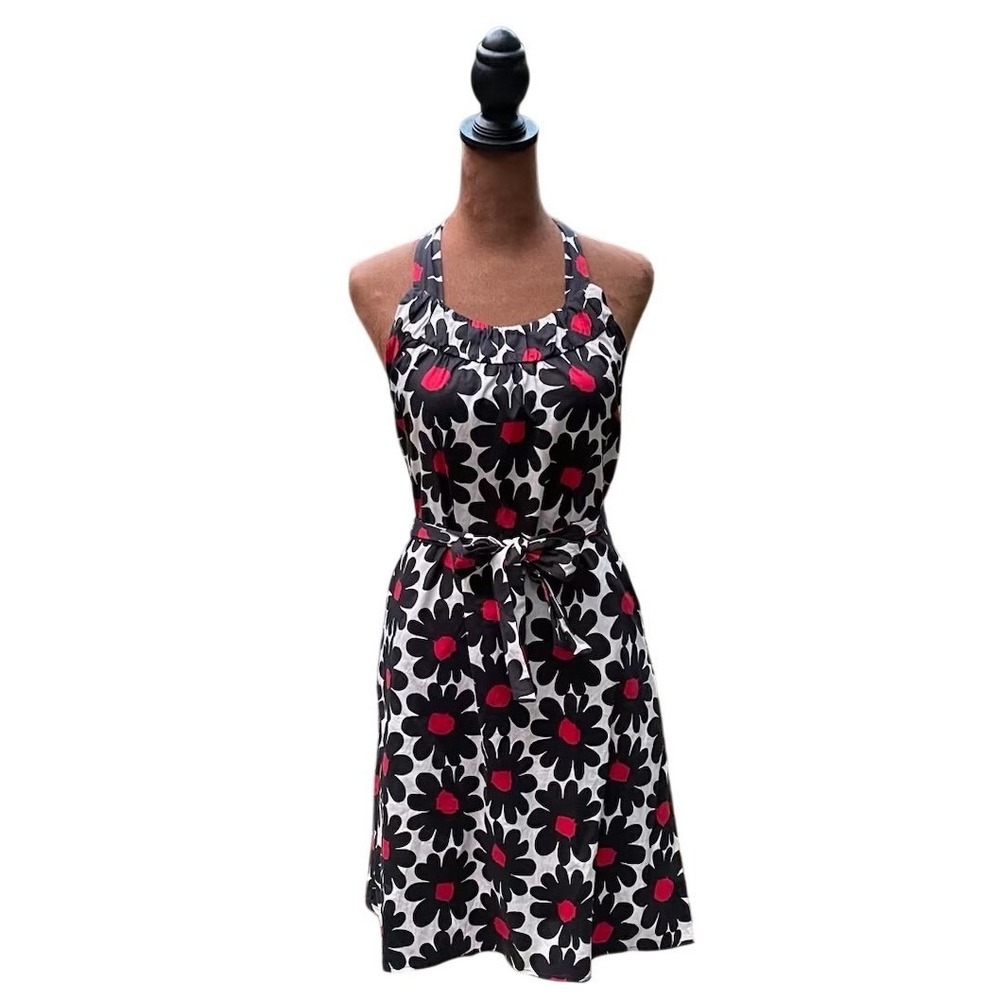 Weston Wear Floral Halter Dress M Black White Red Mod Y2K Pockets Anthropologie